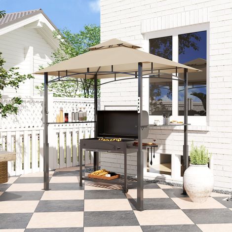 Gazebo a due livelli per barbecue, tettoia da giardino per ricevimento con luce LED, 240 x 150 x 250 cm, kaki