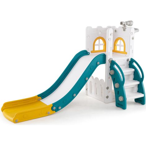 Toboggan enfant 6 en 1 avec panier basket et glissade sécurisée, structure en L en PEHD jaune pour intérieur (1/5)