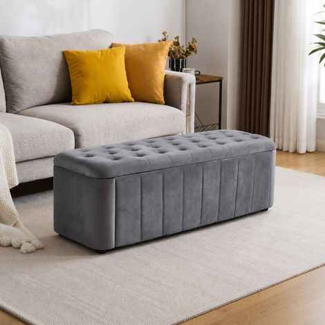 Banc de rangement en velours avec espace de rangement intégré, banquette moderne à angles arrondis, pouf rembourré avec coffre de stockage pour chambre, salon, entrée. (1/5)
