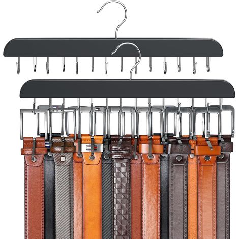 Lot de 2 Porte-ceinture, Crochet pivotant 360°, Bois massif, 14 crochets, Rangement placard (1/4)