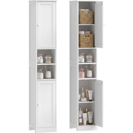 Meuble de salle de bain haut - HOMCOM - 2 portes, 2 compartiments ouverts, étagère réglable - bois - 30x30x170cm - blanc (1/5)