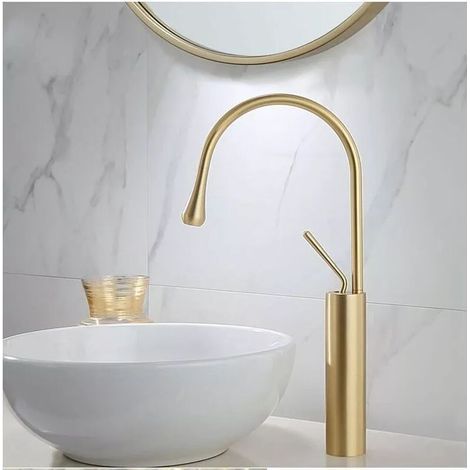 Robinet de Lavabo Cascade doré brossé - Robinet Salle de Bain avec Eau Froide & Chaude Disponible - Haut Cascade de Mitigeur Lavabo - doré (1/4)
