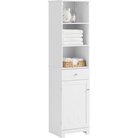 Sobuy – Colonne de salle de bain 40x35x161cm – 3 compartiments, 1 tiroir, 1 porte, 2 étagères – Bois MDF laqué blanc – BZR17W (1/10)