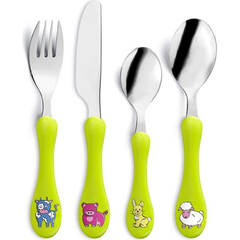 Lot de Couverts enfants inox 4 couverts, Set couverts bébé Vert Anis (1/5)