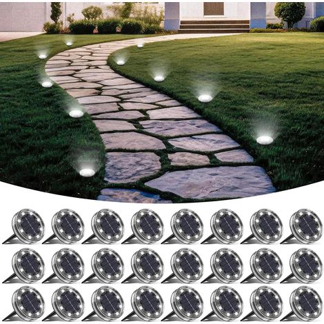 Lot de 24 Lampe Solaire Au Sol, 8 LED Lumiere Solaire Exterieur Jardin IP68 Étanche, Spot Solaire Extérieur pour Chemins Pelouse Terrasse Allée Cour Piscine Passerelle, Blanc Froid (1/5)