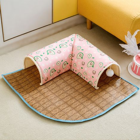 Tunnel pour Chat 2-en-1 55x55 cm Tapis Rafraîchissant Jonc d’Été – Cachette / Grotte L Coin Pompon – Maison Fermée Intérieure 4 Saisons Lit Chat Été British Européen Ragdoll ≤ 12,5 kg Rose Avocat