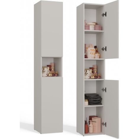 Mueble de baño de pie, columna, estante, color beige cachemir, 174 cm, estantes, puertas, sistema de apertura a presión. (1/5)
