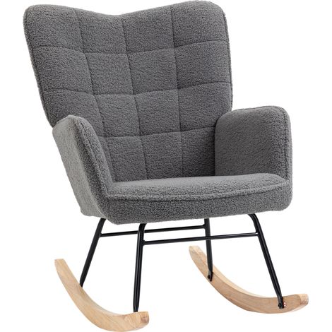 Sillón mecedora tapizado efecto borreguito con reposabrazos y base de madera gris oscuro HOMVRA (1/5)