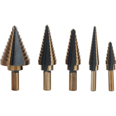 Lot de 5 forets coniques étagés en acier rapide pour métaux, avec coffret. (1/5)