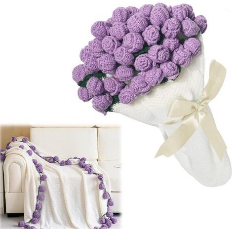 Longziming – Kuscheldecke – Blumenstraußdecke – Rosenstraußdecke – Handgehäkelt mit 3D-Rosen – Weich und formbeständig – Vielseitig einsetzbar – Geschenk für jeden Anlass (1/5)