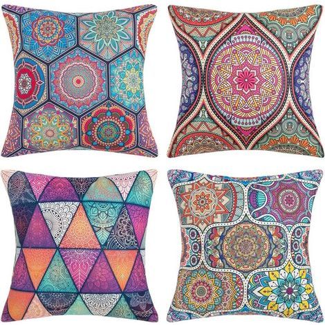Housses de coussin 45 x 45 cm Taies d'oreiller Bohème Mandala Floral Taies d'oreiller Coton Lin Carré Extérieur Décoratif Moderne Hippie Art Taies d'oreiller pour Canapé Canapé Pack de 4 (1/5)