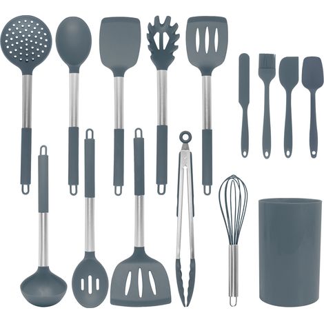 Ustensiles de Cuisine,Silicone Ustensiles de Cuisine en Bois Ustensiles Cuisine Antiadhésive Set,Silicone de qualité Alimentaire,15 pièces ustensiles de Cuisine,gris (1/2)