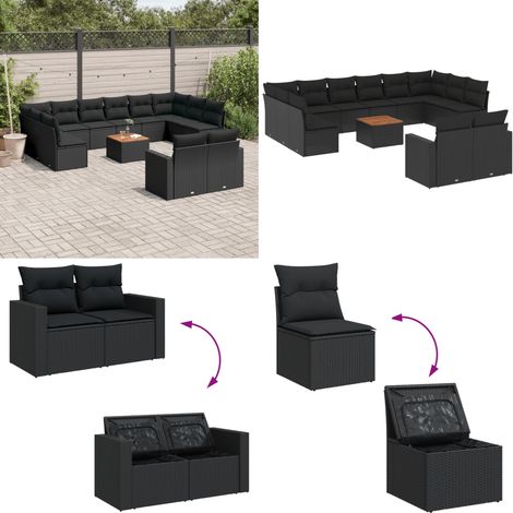 Salon de jardin avec coussins 13 pcs noir résine tressée - Ensemble Salon De Jardin - Mobilier De Jardin - Canapé Extérieur - Set De Jardin - Chaise Lounge - Home & Living (1/5)