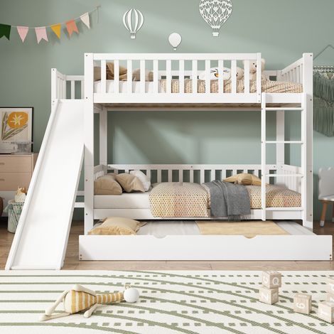 Etagenbett 90x200/190 cm Weiß aus Kiefer und MDF mit Rollbett, Rutsche, Leiter und Fallschutz (1/5)