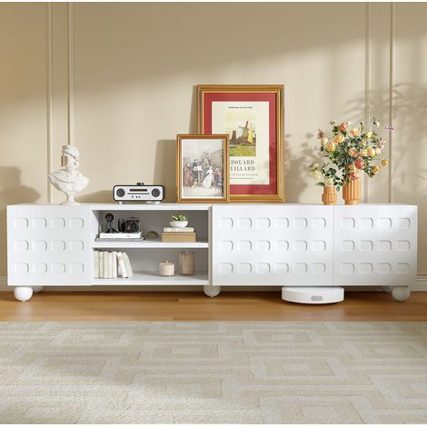 Mobile TV 200x40x44 cm, per TV fino a 80 pollici, 3 ante stampate, 2 vani semiaperti, truciolare bianco (1/5)
