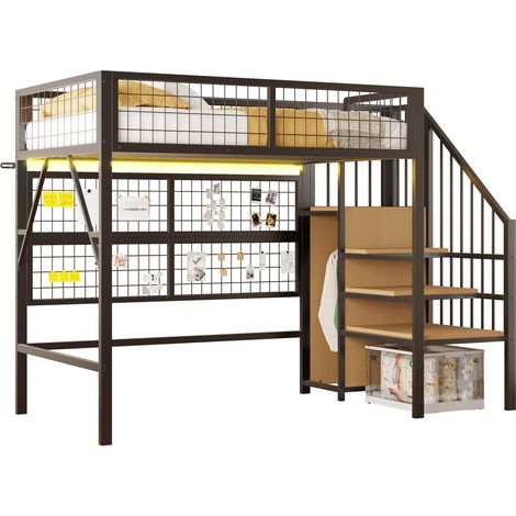 Lit mezzanine métal 90x200 LED APP, escalier rangement, armoire, noir