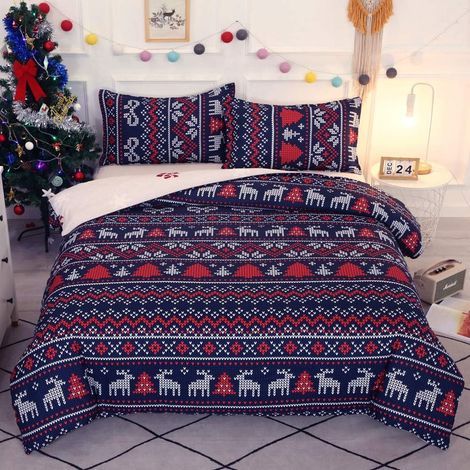 Sets de Housse de Couette Motif Patchwork de Noël 220x240 cm avec 2 x Taies d'oreiller 50x75 cm, Parure de Lit Microfibre (1/5)