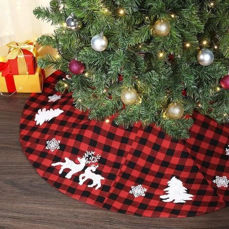 Christmas Tree Skirt - Moose - Black/Red - 122cm - Polyester Cotton Embroidery - Non-Woven Fabric