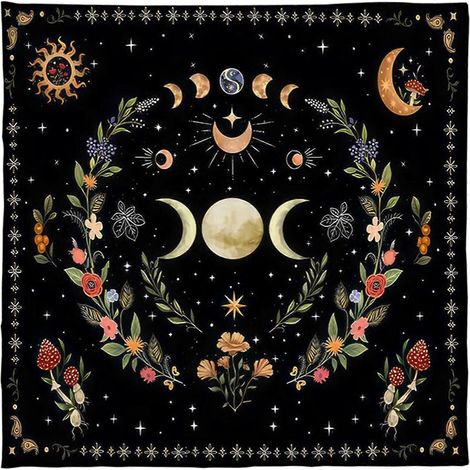 Nappe carrée à motifs de cartes de tarot, divination, tapisserie, phases de la lune, fleurs, astrologie, nappe de table, sorcellerie, 75 x 75 cm (1/5)