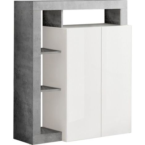 ARTURO - Meuble Bar 2 Portes Blanc Laqué Encadrement Niches Aspect Cimento (1/3)