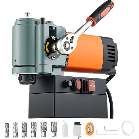 Perceuse Magnétique à Profil Bas 1300 W, Perceuse à Colonne Portable, Force 10000 N, Vitesse 650 tr/min, Diamètre d'Alésage de 35 mm, avec Tige Weldon, pour Surfaces Métalliques, Rénovation (1/5)