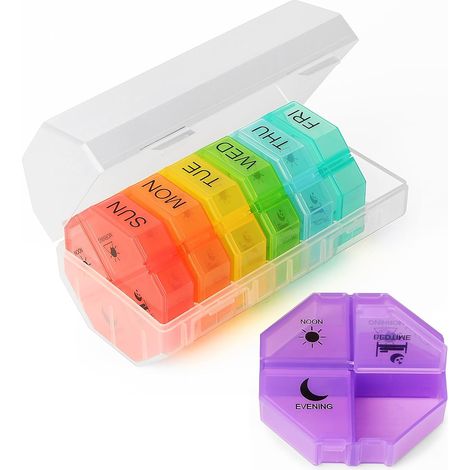 Contenitore portatile, 7 giorni, 4 tipi, 28 contenitori portatili extra-large a settimana, contenitore portatile per gli spostamenti mattutini, di mezzogiorno e serali (bianco + custodia colorata). (1/5)