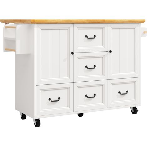 Mobile Kücheninsel 120x73x93 cm aus MDF und Metall Weiß mit Rollen und Klappplatte (1/5)