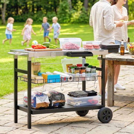 Carrito para barbacoa de exterior con tapa de acero inoxidable, especiero, ganchos y asa lateral, color negro.