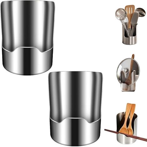 Lot de 2 supports à couverts 2 en 1 en acier inoxydable brossé, rangement baguettes et ustensiles, argent (1/5)
