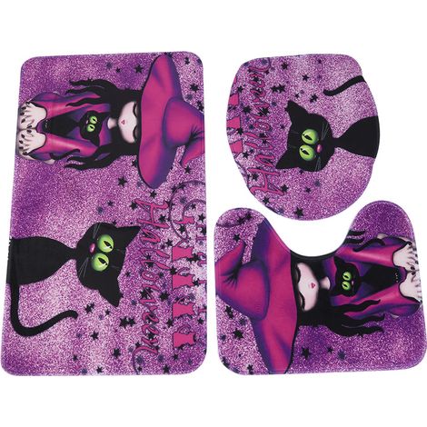3 Pièces Tapis de Bain Antidérapant Housse d'Abattant WC Ensemble Décoratif Salle de Bain Motif Sorcière Polyester (1/5)