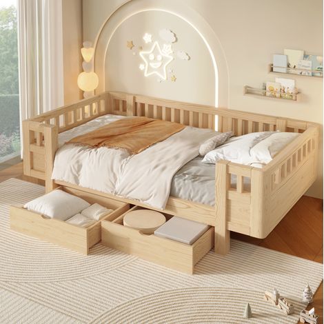 Cama infantil 90x200 cm con barandilla de protección y 2 cajones de almacenamiento, madera y MDF - natural (1/5)