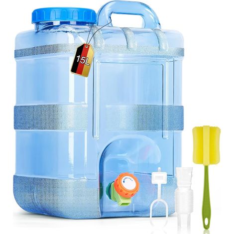 Bidon d'eau avec robinet et couvercle à visser, sans BPA, réservoir d'eau potable, portable avec poignée, pour caravane, pique-nique, randonnée, bleu transparent (1/5)