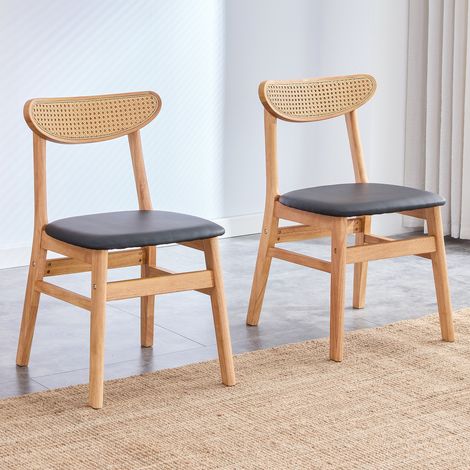 Chaise de salle à manger en rotin - Lot de 2 - Style scandinave - Dossier en rotin tressé - Bois massif en bois d'hévéa (1/5)