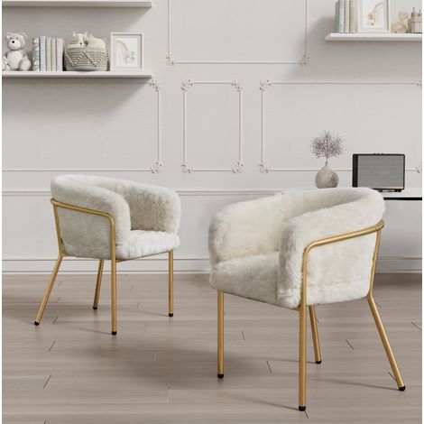Sedia leisure in pelliccia sintetica bianca, struttura in metallo, set 2 pezzi, 150 kg, per soggiorno e camera da letto,57×57×77cm (1/5)