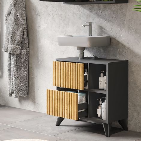 Waschbeckenunterschrank Leano, Anthrazit/Bergeiche, 60 x 62 cm mit 2 Schubladen, Vicco