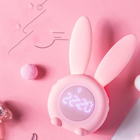 Niedlicher elektronischer Wecker in Hasenform, kreative LED-Digitaluhr für Kinder mit Licht, Cartoon-Stil, Schreibtischuhr für Schüler, Leuchtuhr, rosa. (1/5)