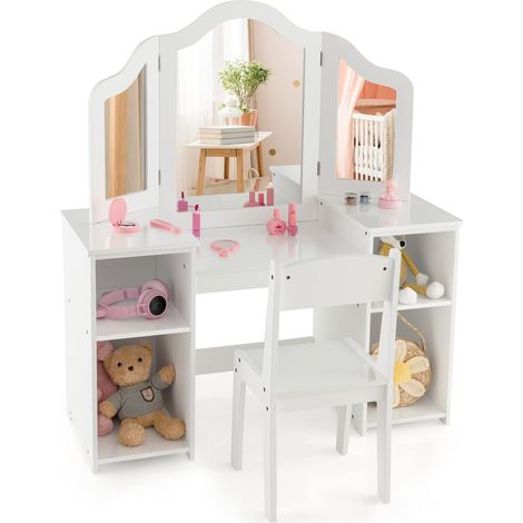 Coiffeuse pour enfant avec chaise, coiffeuse avec miroir amovible, table cosmétique en bois avec tabouret (blanc) (1/5)