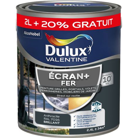 ECRAN+ FER BRILLANT - Peinture pour fer intérieur/extérieur - Grilles, portails, volets, ferroneries, mobiliers de jardin - Gris Anthracite 2 L + 20% gratuit - Dulux Valentine