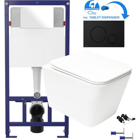 White Square Rimless Wall Hung Toilet & 1.12m Concealed WC Cistern Frame Set - Matt Black Plate