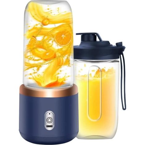 Blender portable rechargeable de 400 ml avec 6 lames pour smoothies, jus et purées pour bébé. Comprend un mug de voyage, un mug supplémentaire et un couvercle. Couleur : bleu vif. (1/5)