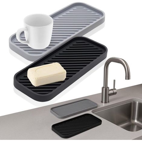 Confezione da 2 tappetini in silicone per scarico rubinetto - Nero e grigio - Tappetino per rubinetto 22x9 cm - Tappetino da bar - Tappetino per scarico rubinetto - Tappetino da cucina (1/5)