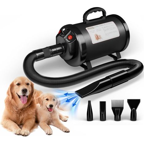 Sèche-Cheveux pour Chien Blower - Très Silencieux - 5,2 CV / 3800 W - Moteur réglable - Souffleur de Soins pour Chien avec 4 Buses différentes - Tuyau élastique et Brosse d'entretien