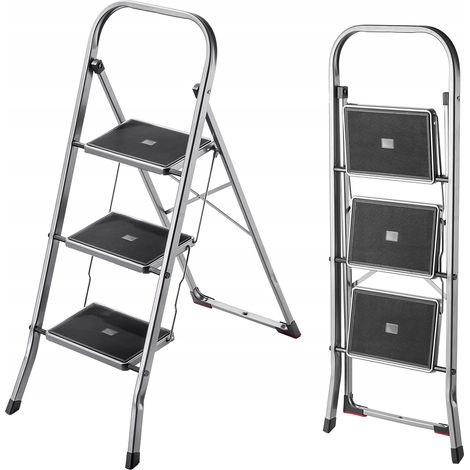 KADAX Échelle pliante en acier avec charge jusqu'à 150 kg, échelle avec sécurité pliante, marche courante avec marches antidérapantes (3 marches) (1/5)