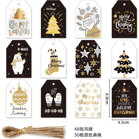 Étiquettes de Noël en papier kraft 48 pièces + ficelle chanvre 50 m, motif sapin et Père Noël (1/2)