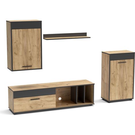 Ensemble meuble TV L140cm avec 2 armoires et étagère Sanika Chêne clair et Gris
