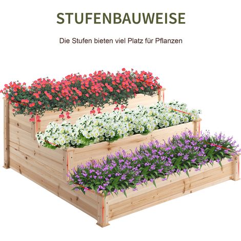 Jardinière étagère 3 niveaux, bac à plantes aromatiques, échelle florale pour balcon ou jardin, bois de pin naturel, 120 x 120 x 56 cm