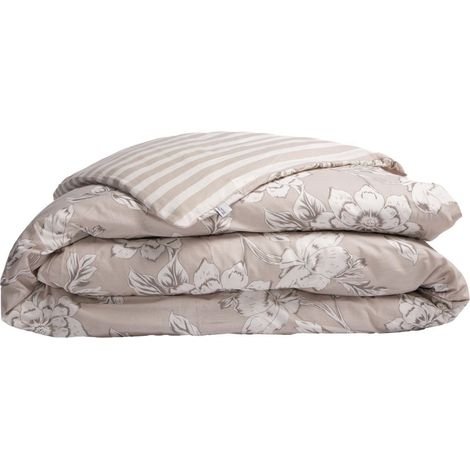 Housse de Couette 140x200cm coton imprimé recto floral verso rayé beige - COTTAGE