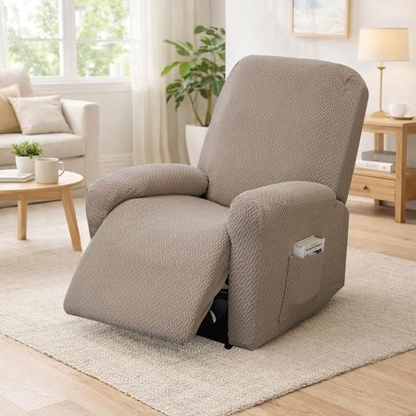 Relax Armchair Cover, 4-Piece Non-Slip Sofa Cover with Side Pocket, Stretch Waterproof Recliner Chair Covers, Washable Furniture Protector for 1 Seater Recliner (Grey Brown) (1/5)