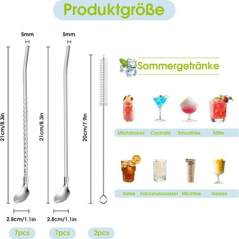 14-teiliges Cocktail-Strohhalm-Löffel-Set aus Edelstahl, wiederverwendbarer Strohhalmlöffel mit 2 Reinigungsbürsten, 2-in-1-Löffel-Strohhalme für Shakes, Cocktails und Smoothies (1/5)