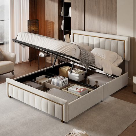 Lit double 160x200 cm avec fonction de rangement, tête de lit en velours, bordure dorée à rayures verticales, sommier à lattes, adapté aux adultes et adolescents,blanc cassé (1/5)